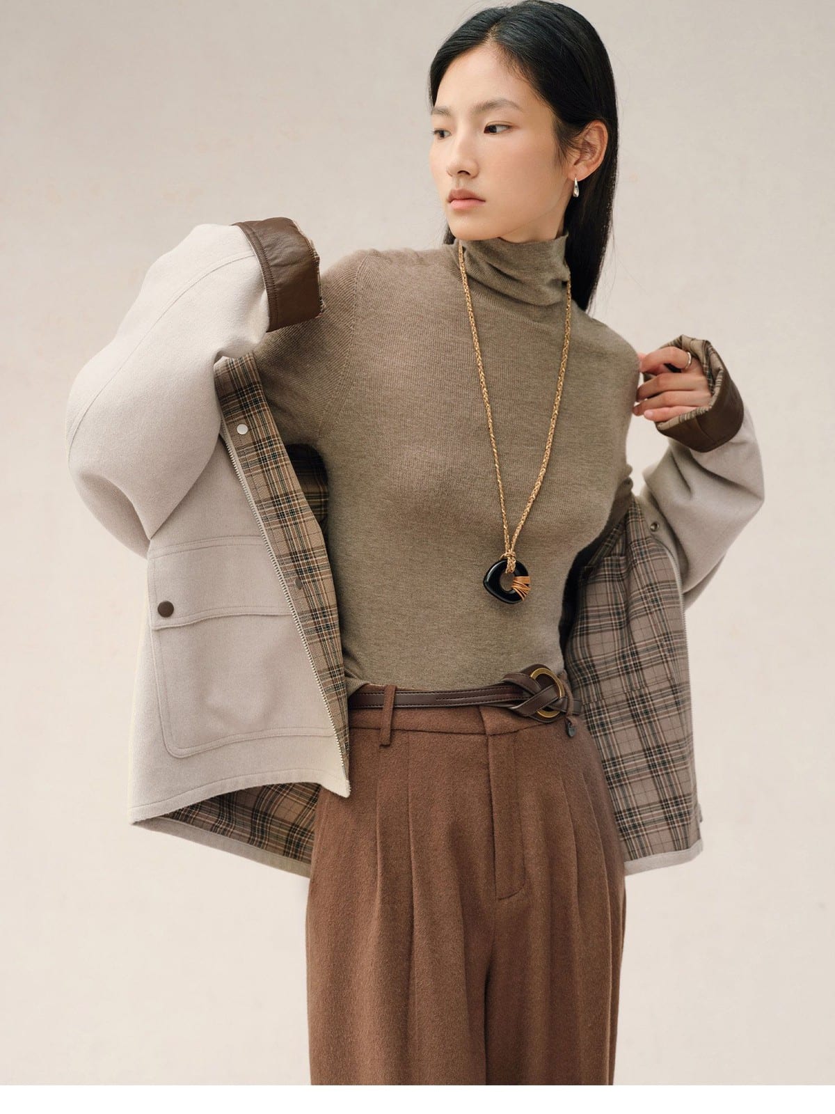 TEASEL Cropped Silk Camel Hair Barn Jacket in Oatmeal - On Female Model