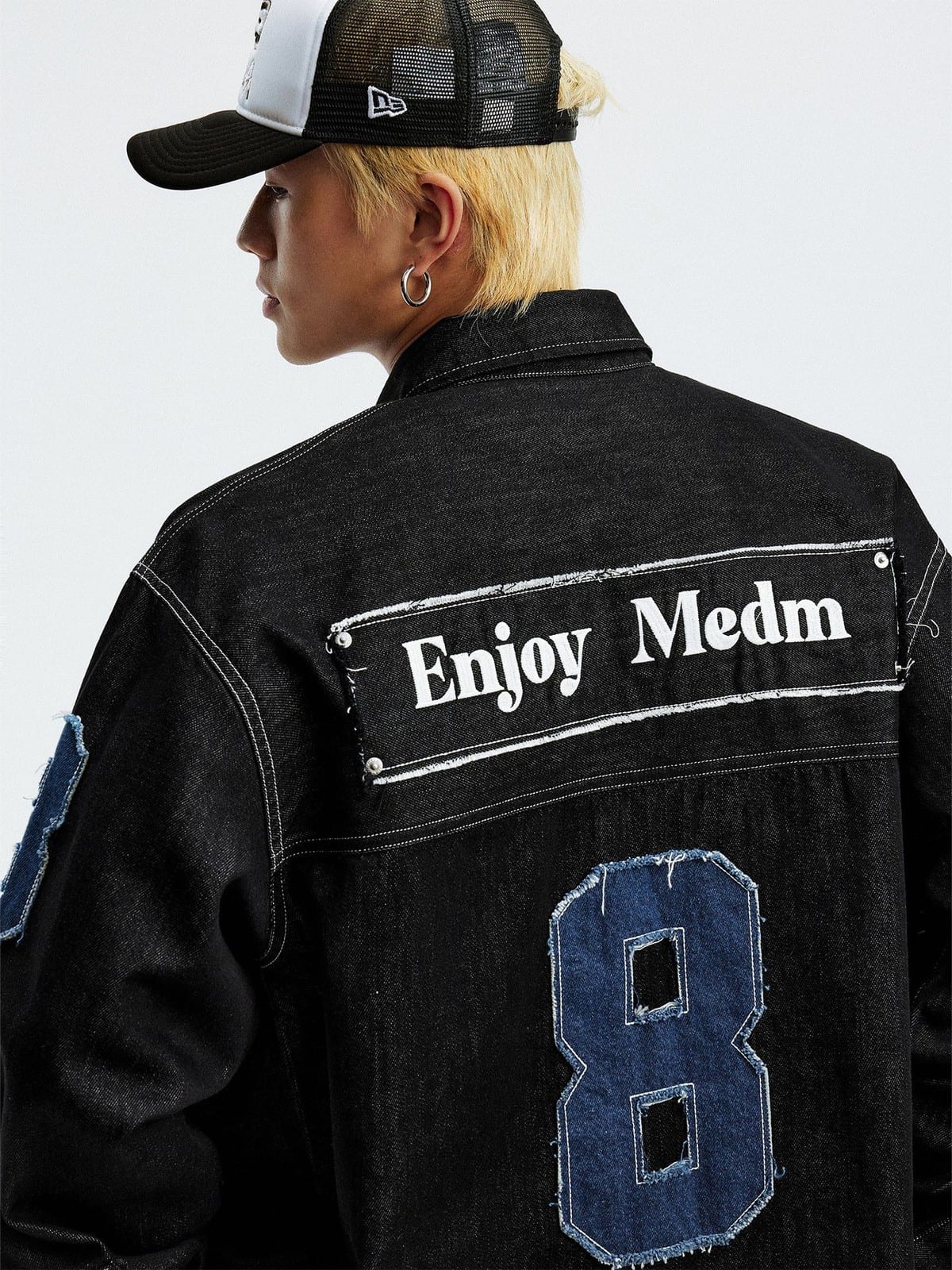 MEDM Lyocell Blend Logo Patch Denim Jacket in Denim - On Male Model