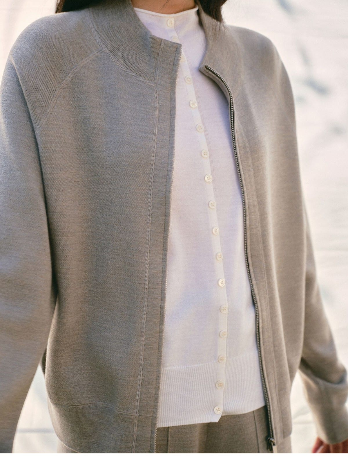 TEASEL Worsted Wool Double Zip Knit Jacket in Beige - On Female Model