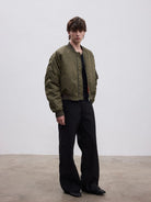 AFterTaste Irregular Collar Green Bomber in Green - On Male Model