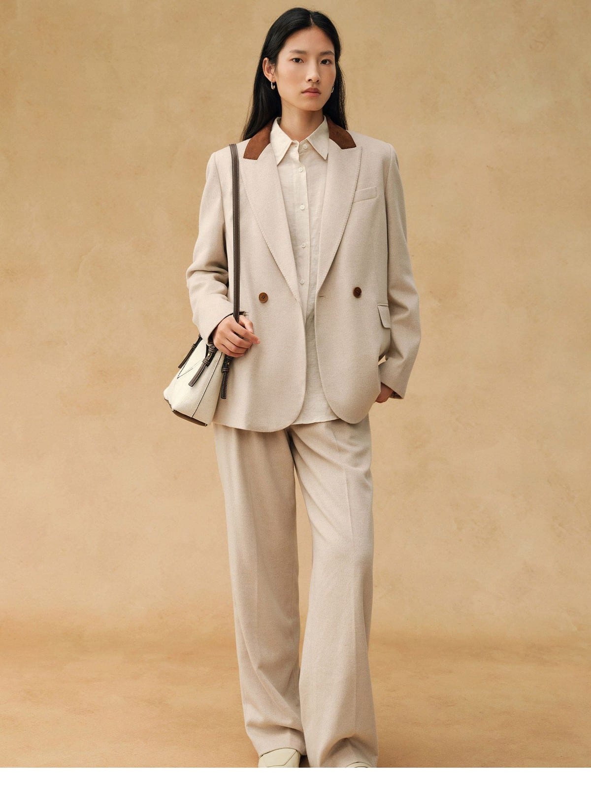 TEASEL Silk Camel Hair Color Block Blazer in Beige - On Female Model