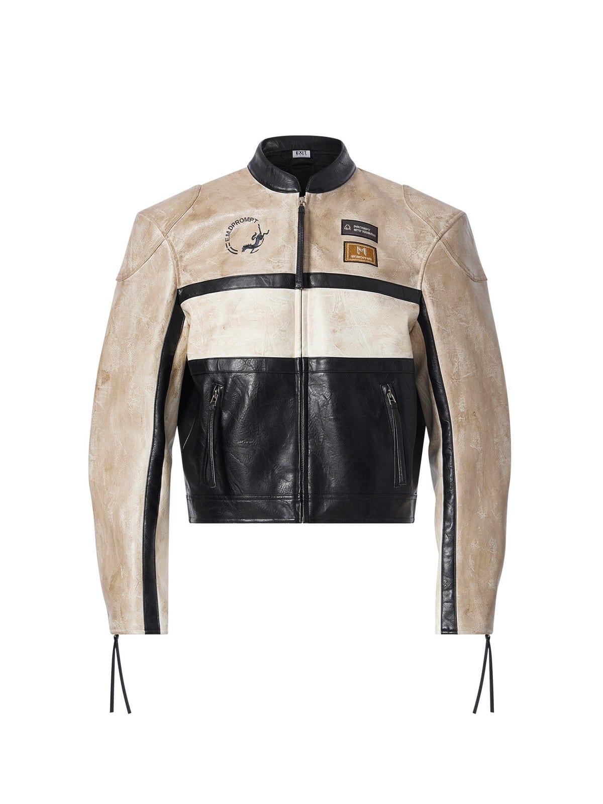 BLINDNOPLAN Cropped Color Block Faux Leather Moto Jacket in Beige