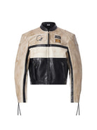 BLINDNOPLAN Cropped Color Block Faux Leather Moto Jacket in Beige