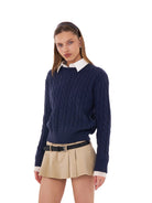 SweetChilling Contrast Cuff Cable Knit Sweater in Navy Blue - On Female Model