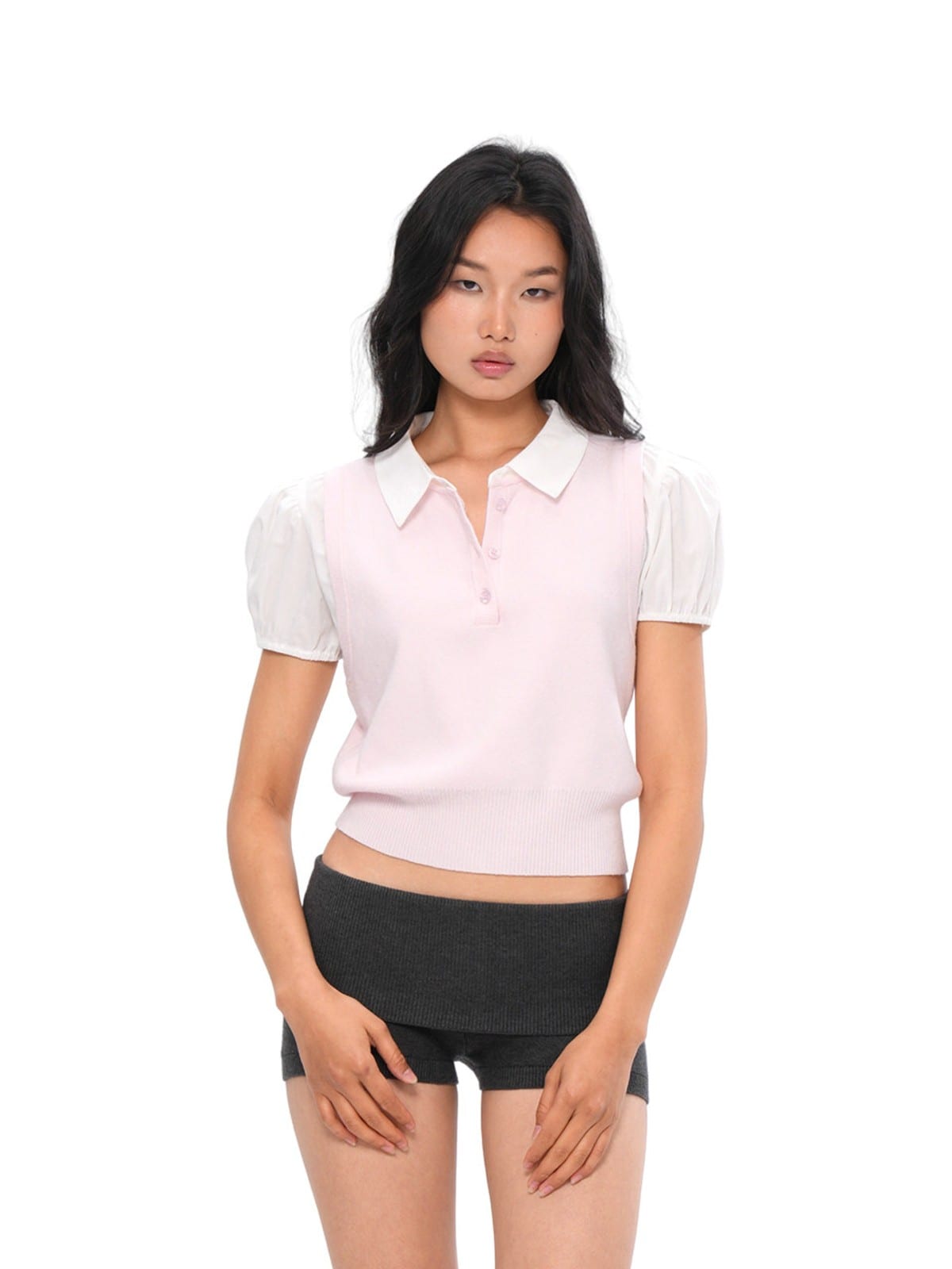 SweetChilling Fold Over Waist Knit Shorts in Gray - On Female Model