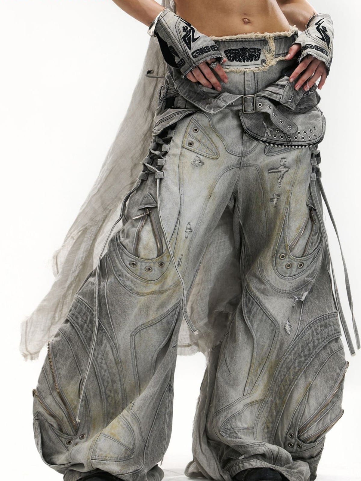 PERSONSOUL Distressed Paneled Drawstring Jeans in Gray - On Model