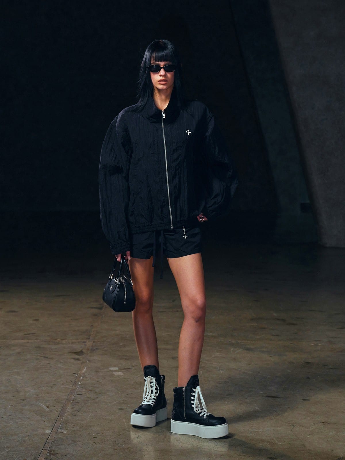 SMFK Nylon Zip Up Sports Jacket in Black - On Female Model