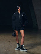 SMFK Nylon Zip Up Sports Jacket in Black - On Female Model