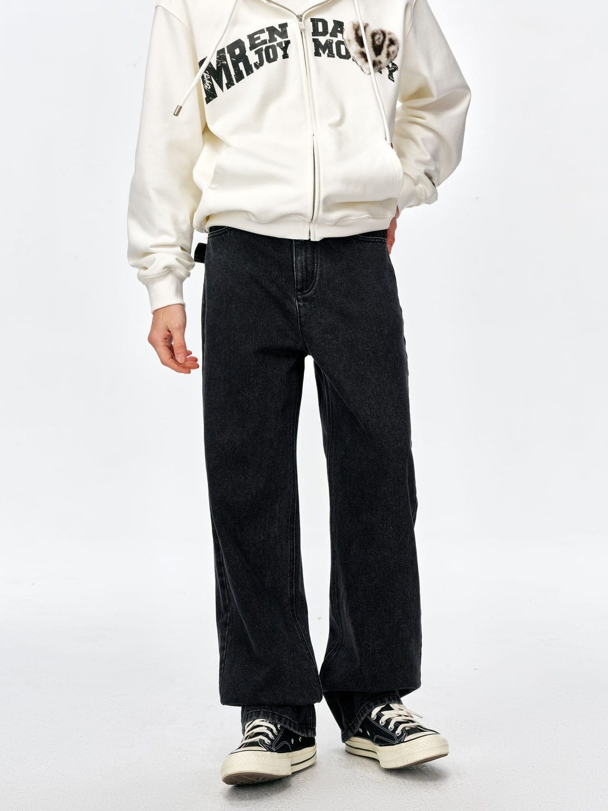MEDM Washed Wide Leg Jeans in Black - On Model