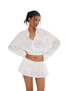 SweetChilling Wrap Hem Cropped Shirt in White - On Female Model