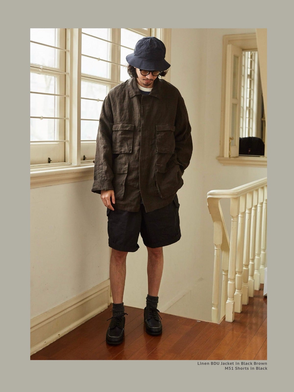 USAGE Linen Four Pocket BDU Jacket in Brown - On Male Model