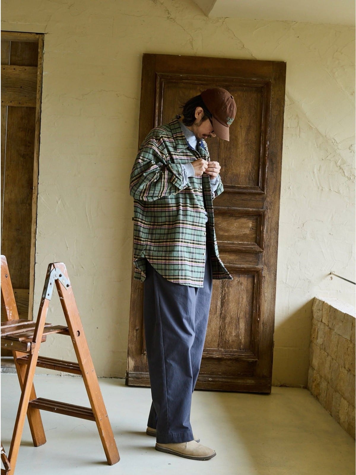 USAGE Detachable Hood Cotton Plaid Shirt in Green - On Male Model