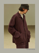 USAGE Textured Cotton Ramie Work Shirt in Purple - On Male Model