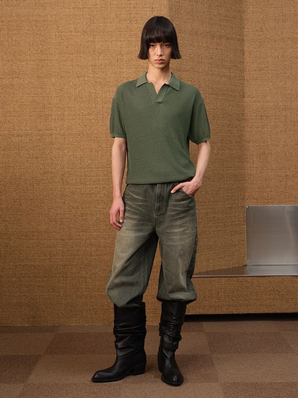 JCAESAR STUDIO Ribbed Ice Silk Knit Polo in Olive - On Male Model