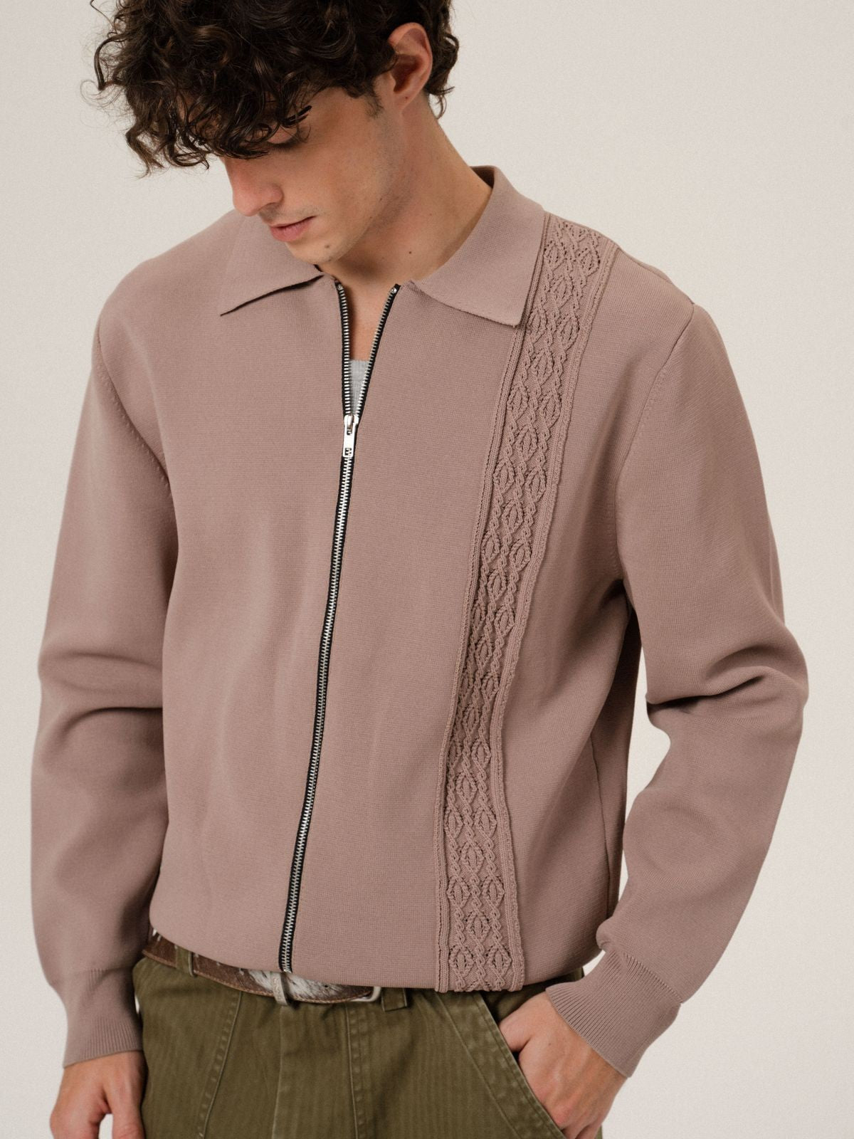 Retro 21 Jacquard Knit Double Zip Jacket in Brown - On Male Model