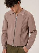 Retro 21 Jacquard Knit Double Zip Jacket in Brown - On Male Model