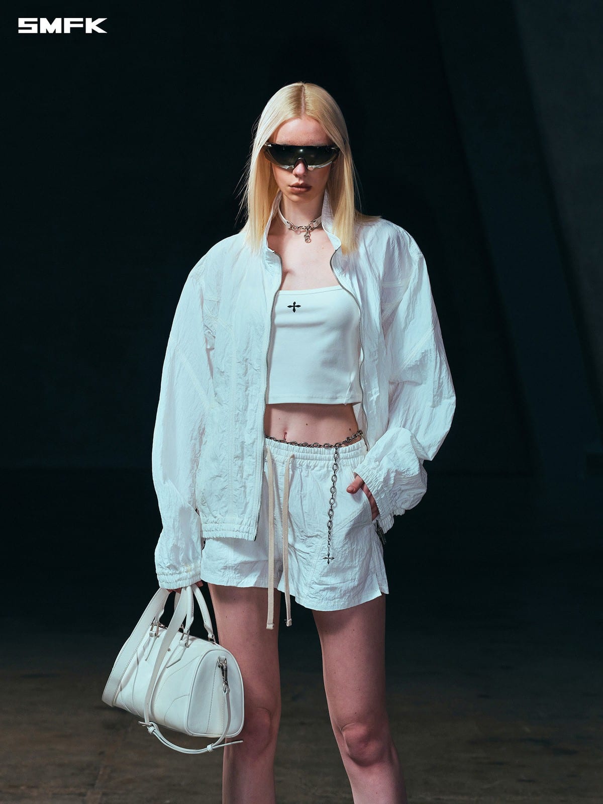 SMFK Crinkled Zip Up Sports Jacket in White - On Female Model