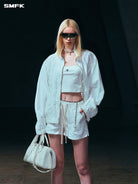 SMFK Crinkled Zip Up Sports Jacket in White - On Female Model