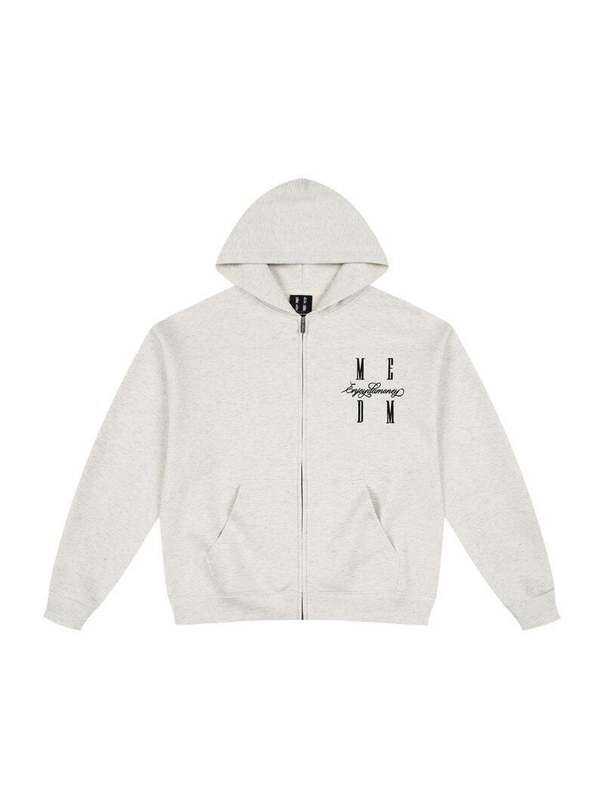 MEDM Embroidered Cotton Blend Zip Up Hoodie in Beige