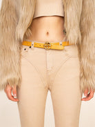 SMFK Cross Totem Hand Burnished Leather Belt in Mustard - On Female Model