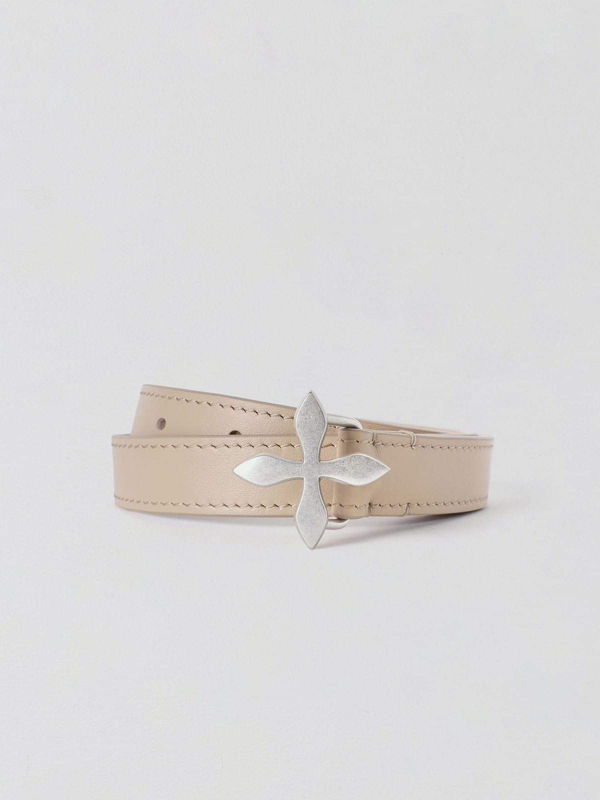 SMFK Slim Leather Belt with Cross Buckle in Beige
