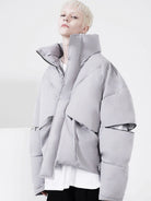 LOSTCTRL Deconstructed Down Blend Puffer in Gray - On Model