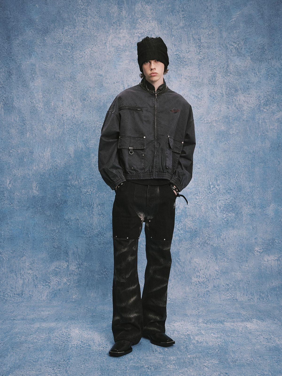 SOD Distressed Leather Collar Work Jacket in Blue - On Male Model