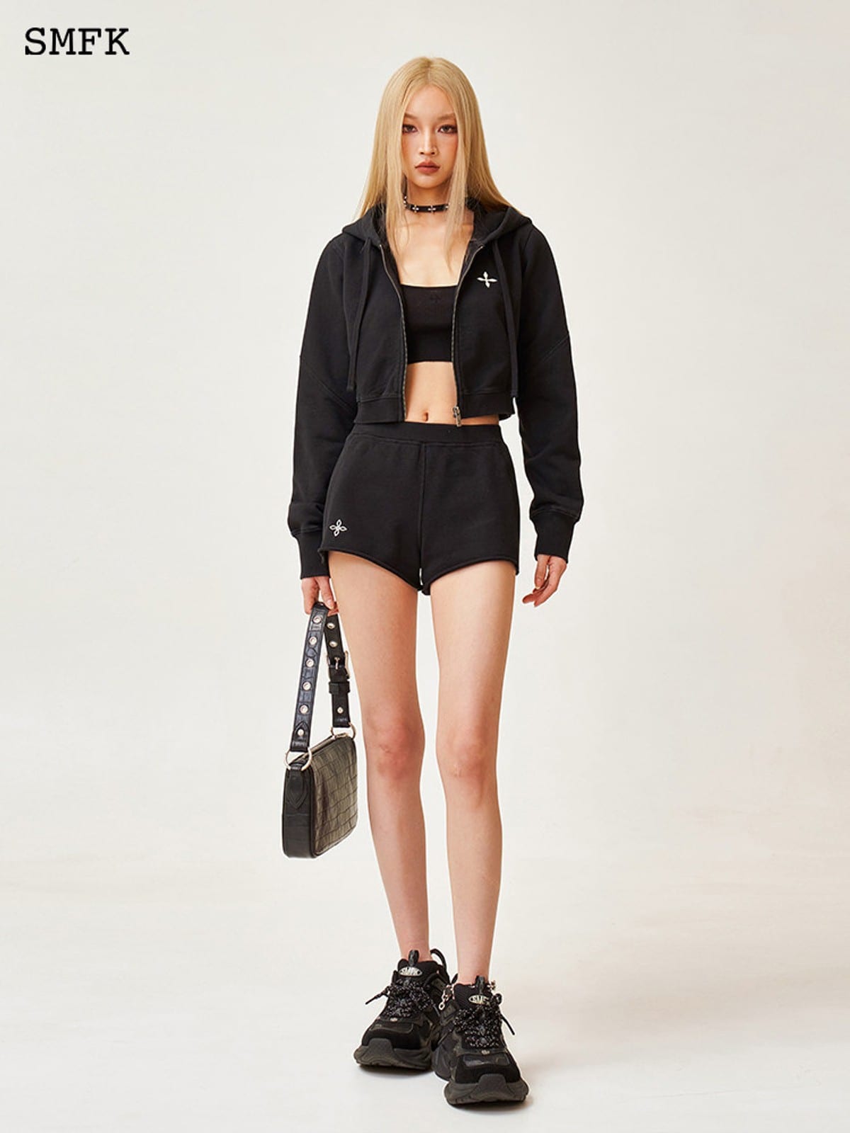 SMFK Low Rise Ribbed Cotton Shorts in Black - On Female Model