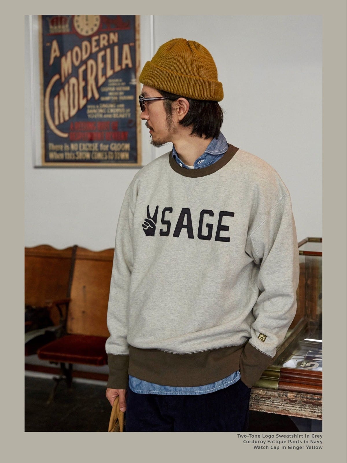 USAGE Graphic Two Tone Cotton Sweatshirt in Gray - On Male Model