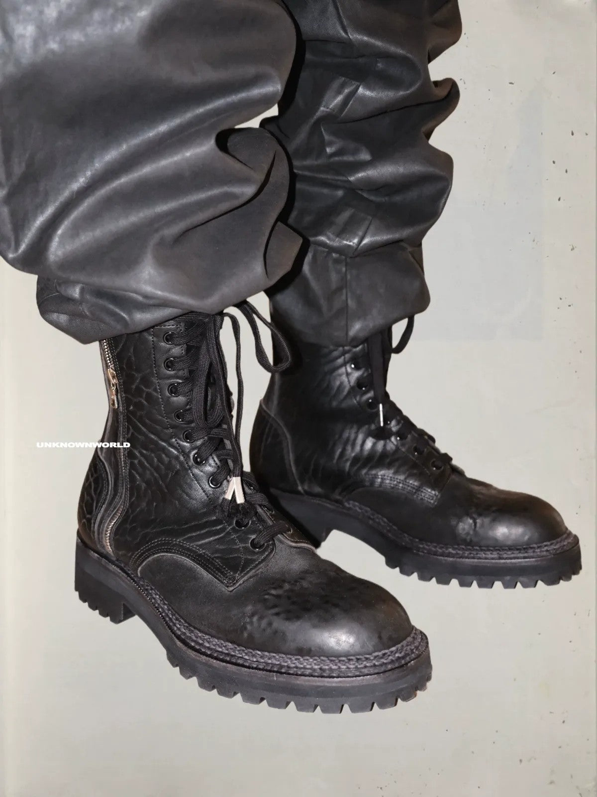 UNKNOWNWORLD Maryam Horse Leather Norwegian Welt Boots in Black - On Model