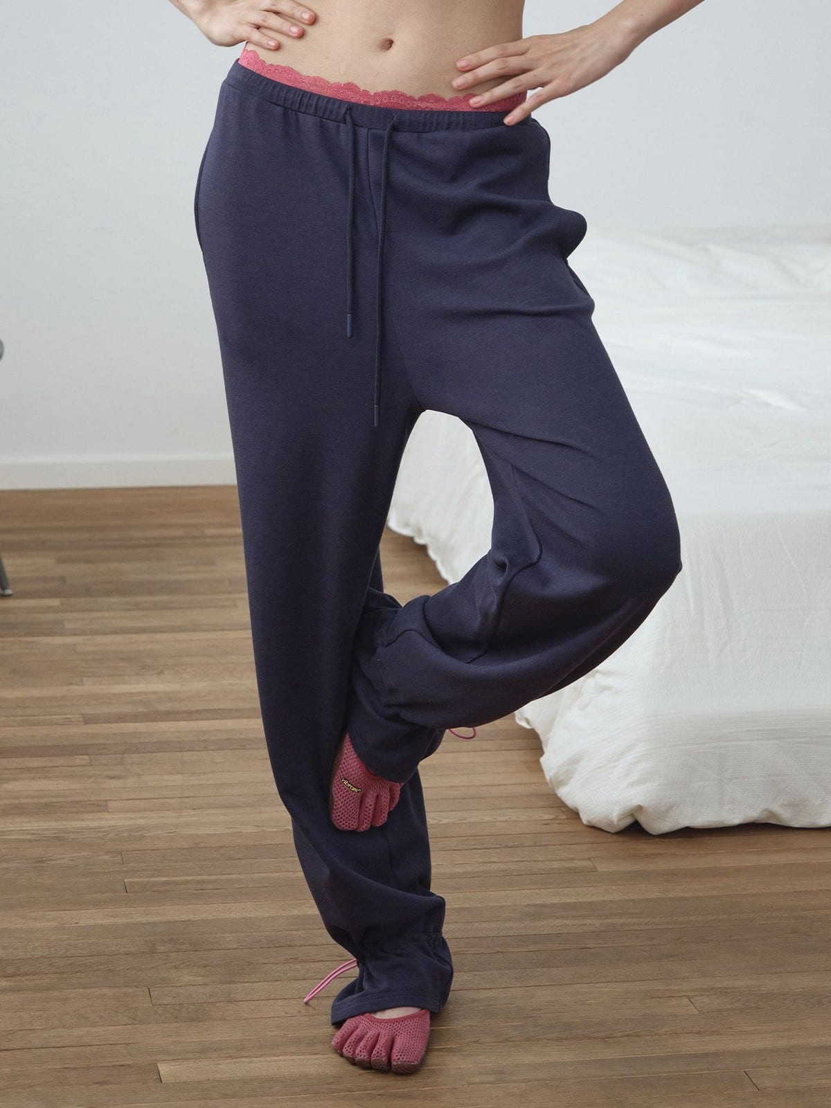 RARELY ALIKE Lace Waistband Adjustable Joggers in Navy Blue - On Female Model