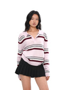 SweetChilling Striped Wool Blend Polo Sweater in Pink - On Female Model