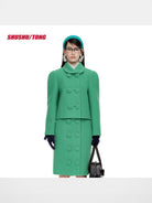 SHUSHU/TONG Double Breasted Round Collar Jacket in Green - On Female Model