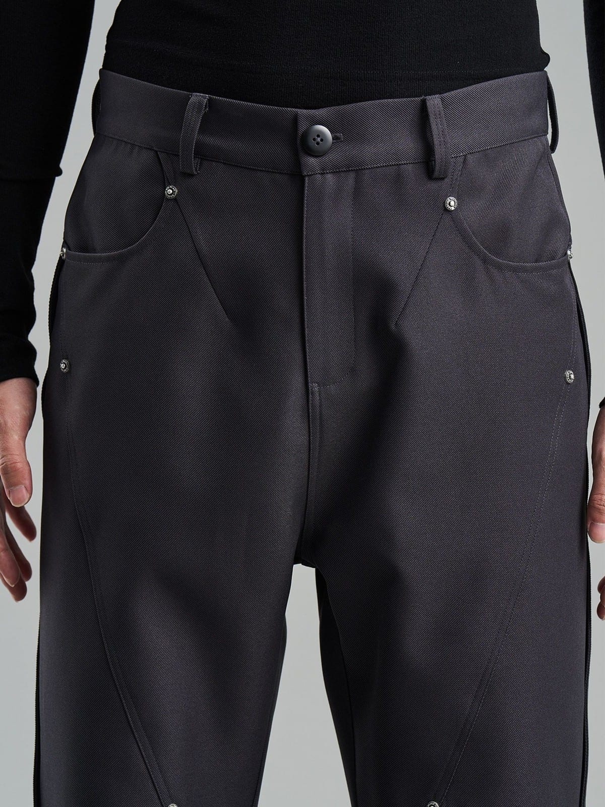 BLINDNOPLAN Diagonal Paneled Trousers with Rivets in Gray - On Model