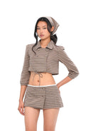 SweetChilling Plaid Lace Trim Double Breasted Shorts in Brown - On Female Model