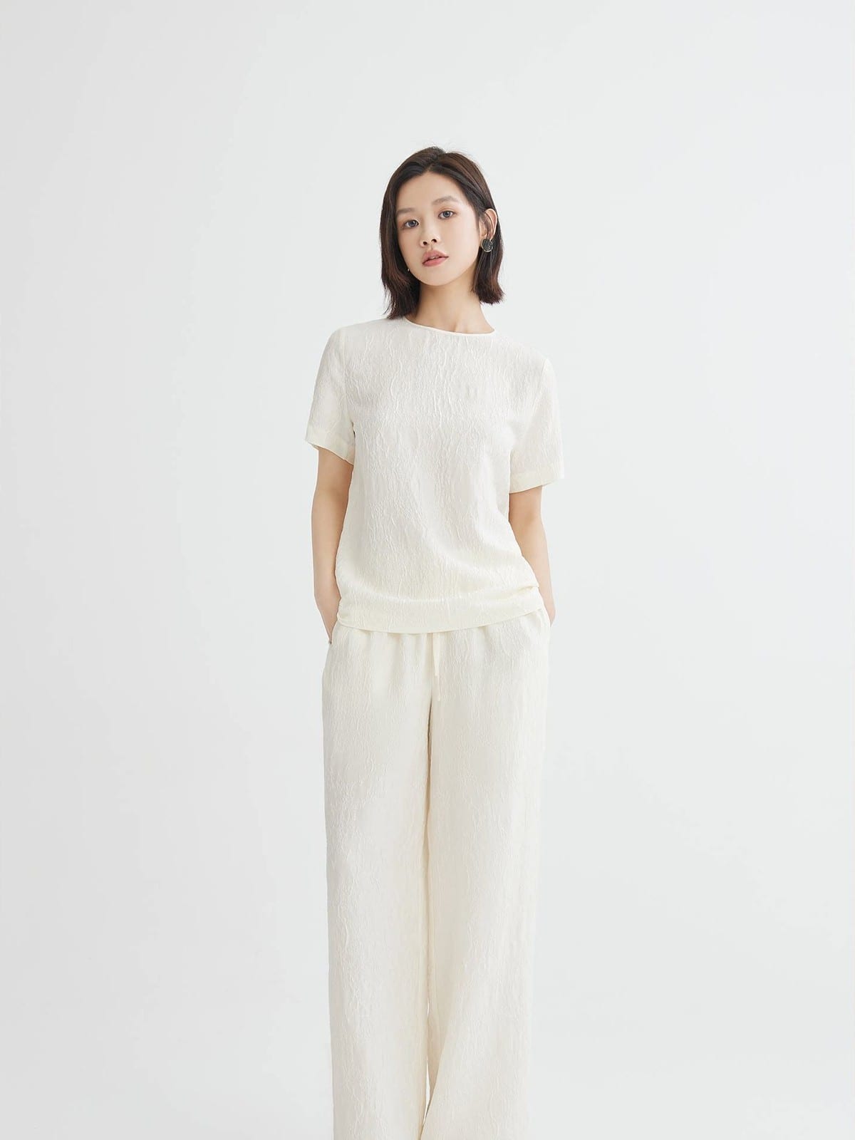 TEASEL Silk Blend Jacquard Top Pants Set in White - On Female Model