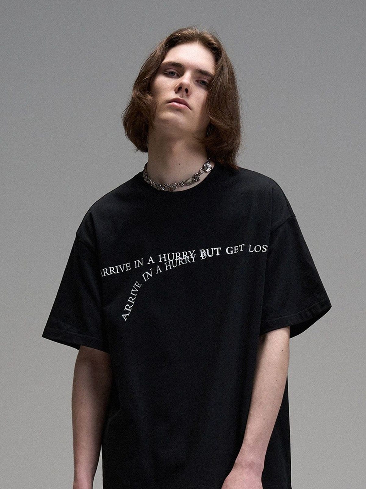 LOSTCTRL Heavyweight Letter Print T Shirt in Black - On Male Model