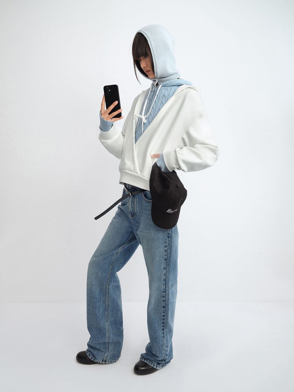 RARELY ALIKE Cotton V Neck Wrap Hoodie in White - On Female Model