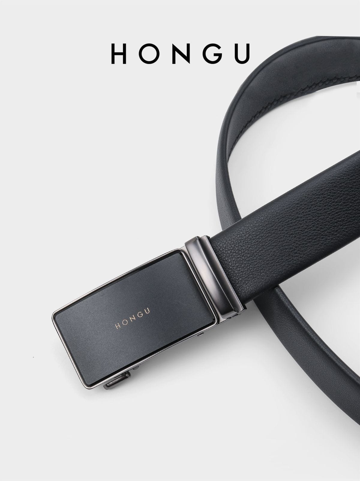 HONGU Top Grain Leather Automatic Belt in Black