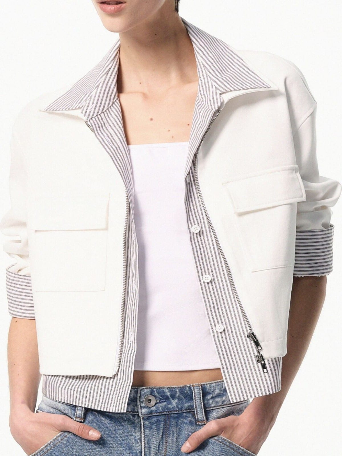 RARELY ALIKE Striped Mock Layer Cropped Jacket in White - On Female Model
