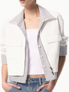 RARELY ALIKE Striped Mock Layer Cropped Jacket in White - On Female Model