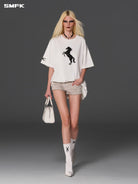 SMFK Heavyweight Cotton Horse Print T Shirt in White - On Female Model