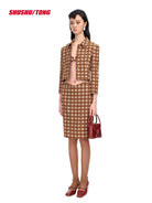 SHUSHUTONG Checked Lambswool Cropped Jacket in Brown - On Female Model