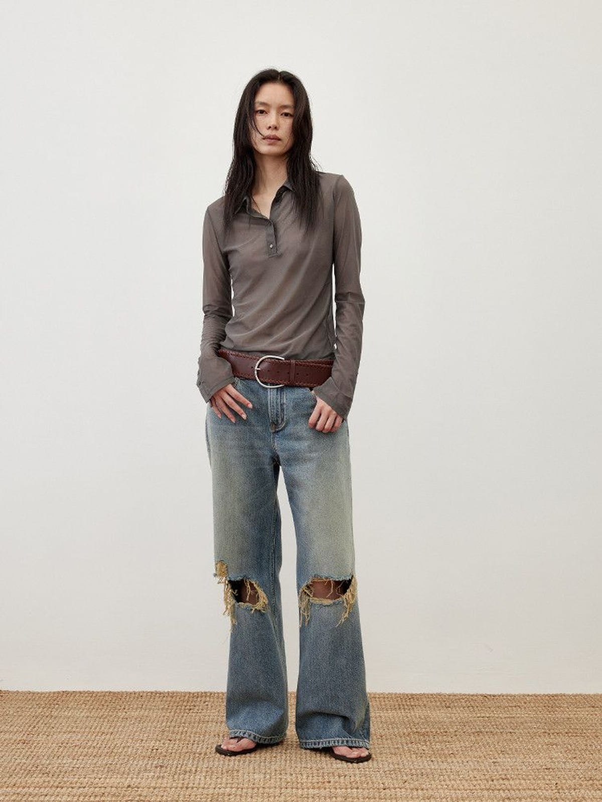 Random Piece Distressed Turkish Cotton Flared Jeans in Blue - On Female Model