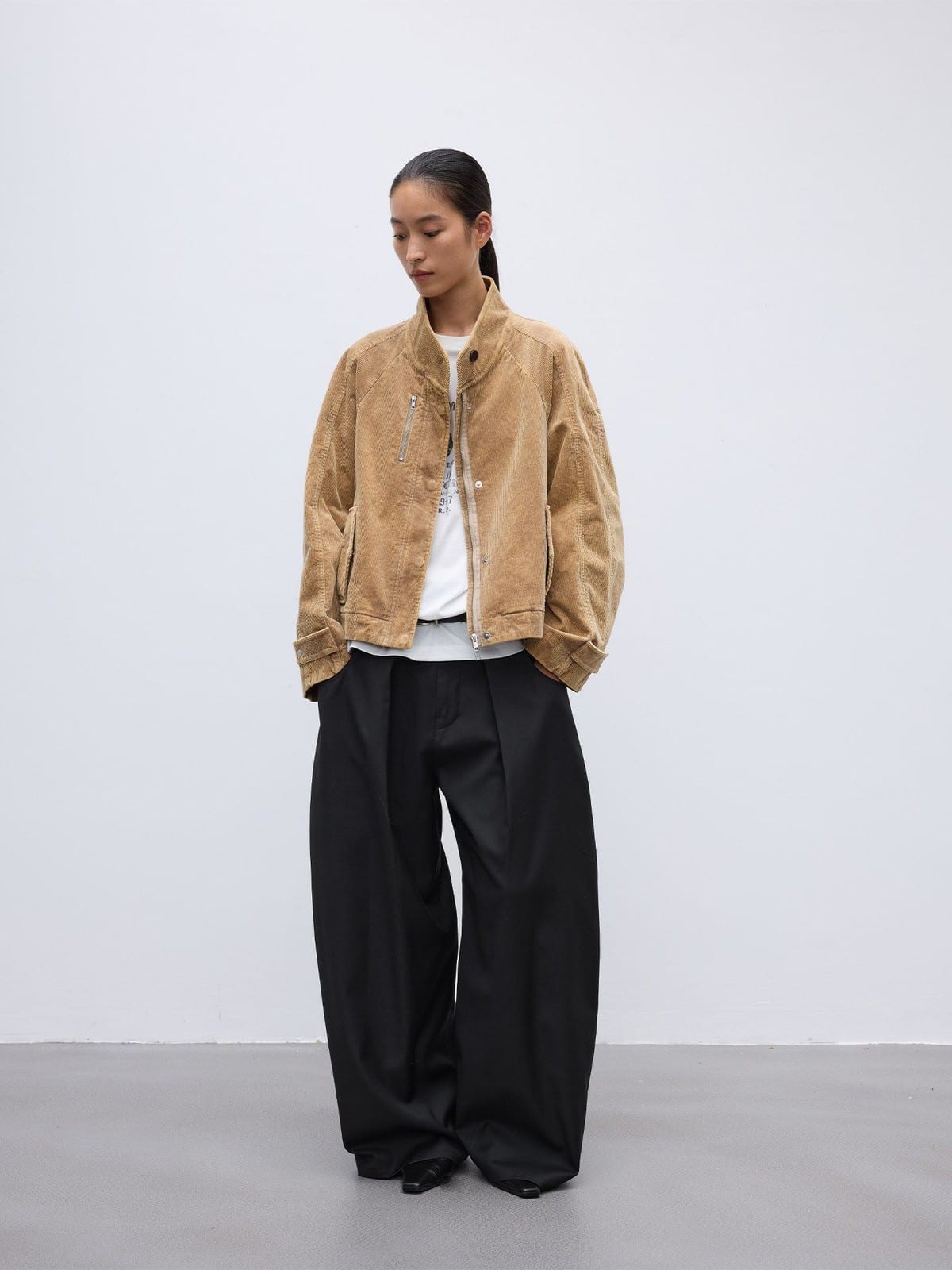 Random Piece Distressed Corduroy Cropped Jacket in Beige - On Female Model