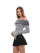 SweetChilling Faux Fur Trim Off The Shoulder Sweater in Gray - On Female Model