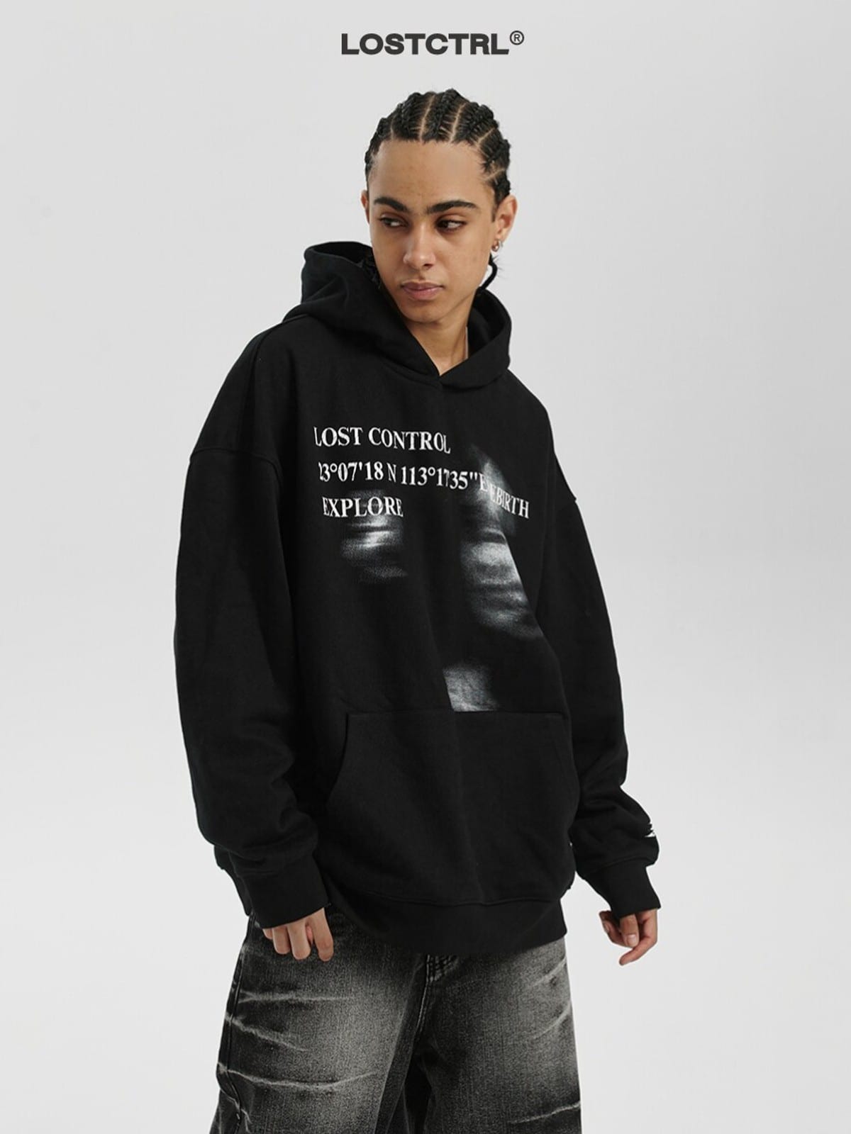 LOSTCTRL Heavyweight Cotton Graphic Hoodie in Black - On Male Model