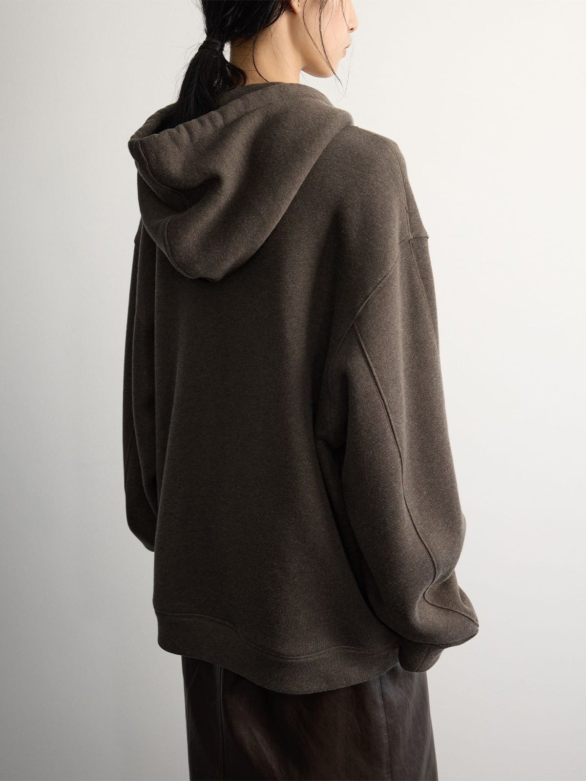 Random Piece Wool Blend Fleece Lined Zip Hoodie in Brown - On Female Model