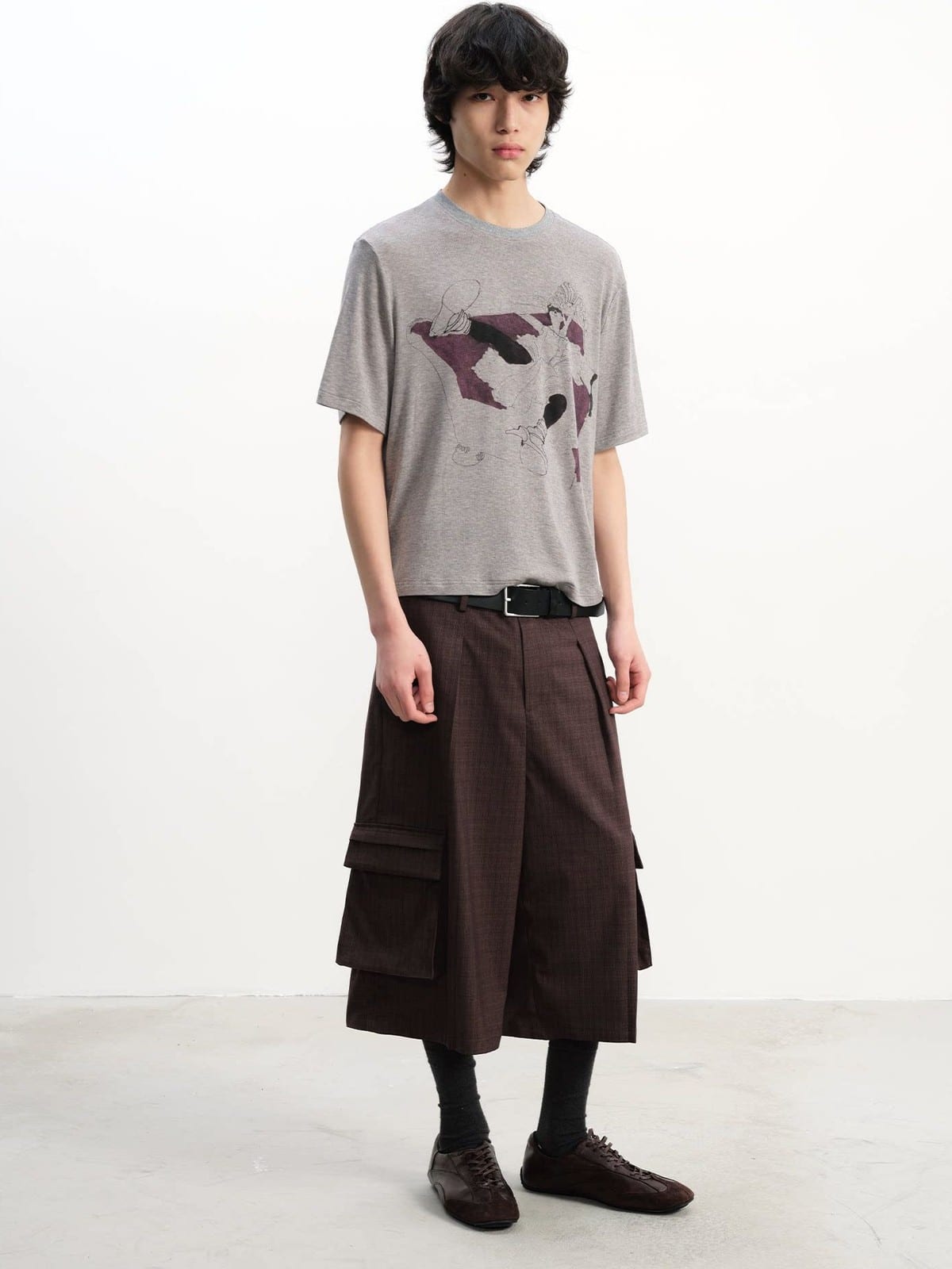 JCAESAR STUDIO Purple Sofa Print Tencel Wool T Shirt in Gray - On Male Model