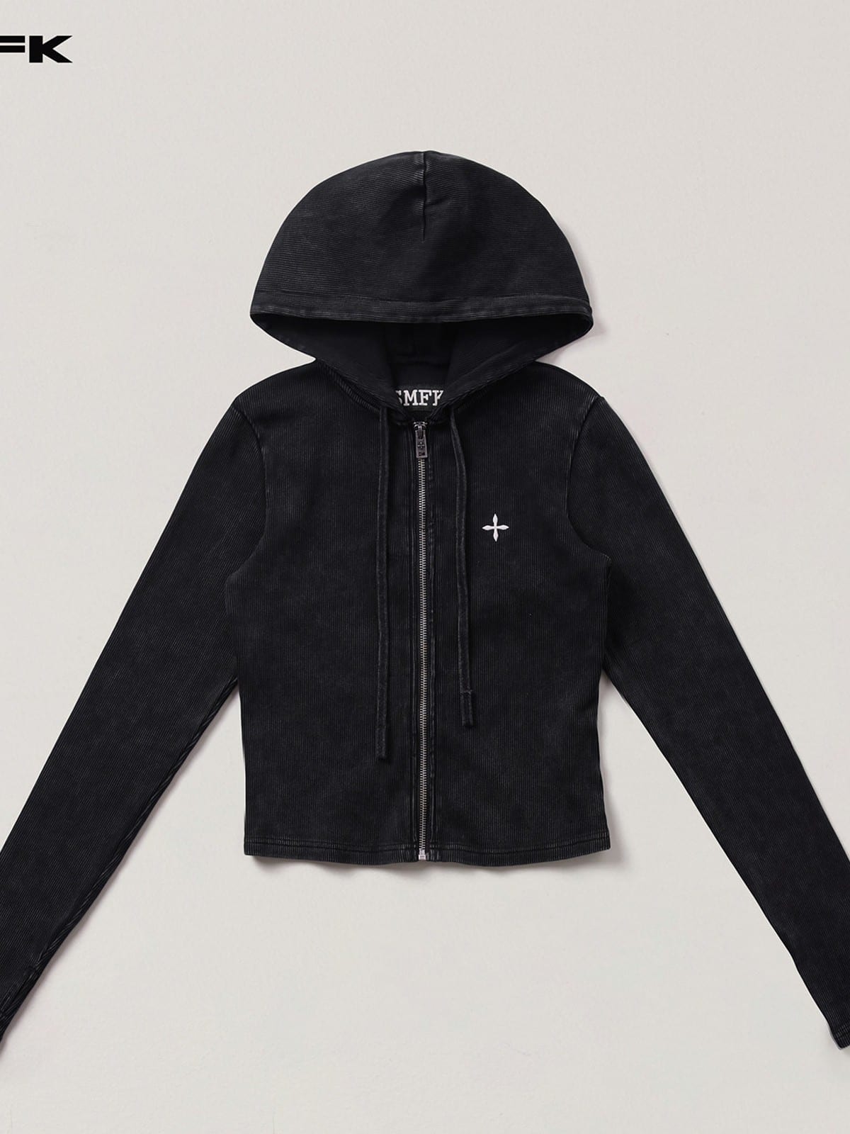 SMFK Vintage Wash Zip Up Cotton Hoodie in Black